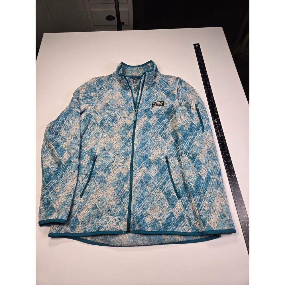 LL Bean Sweater Fleece Jacket Womens Medium Blue White Print Excellent Full Zip